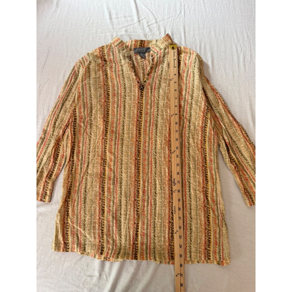 Kate Hill Casual Womens Cotton Tunic Top Beaded V-Neck Striped Orange Tan Small